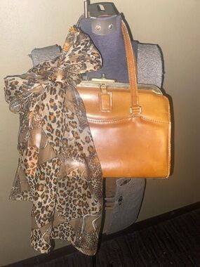 Vintage Tan Leather Satchel with Leopard Accent Scarf